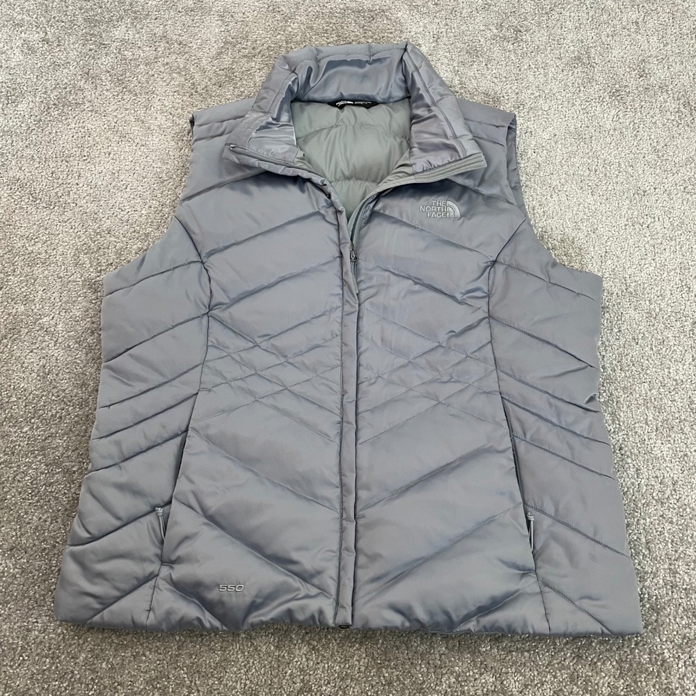 North Face 550 Down Puffer Vest Womens Extra Large Quilted Grey Full Zip